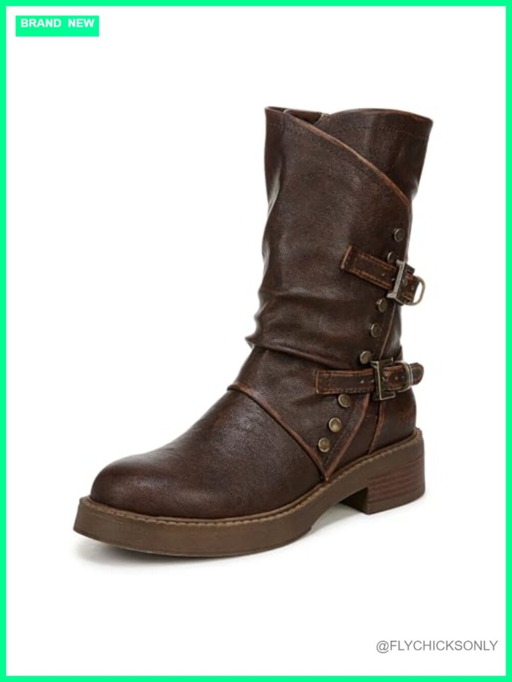 Mid Calf Faux-Leather Moto Boots Side Zip Buckle Studded Block Heel